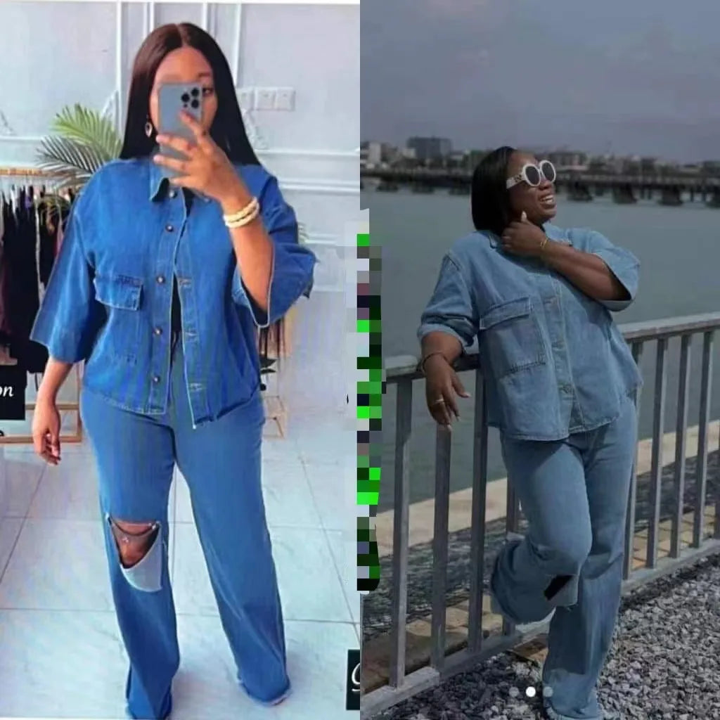 Maxy Denim Pant Set Women Two Piece Sets Turn Down Collar Matching Sets Single Breasted Shirt Tops Wide Leg Long Pants High Waist