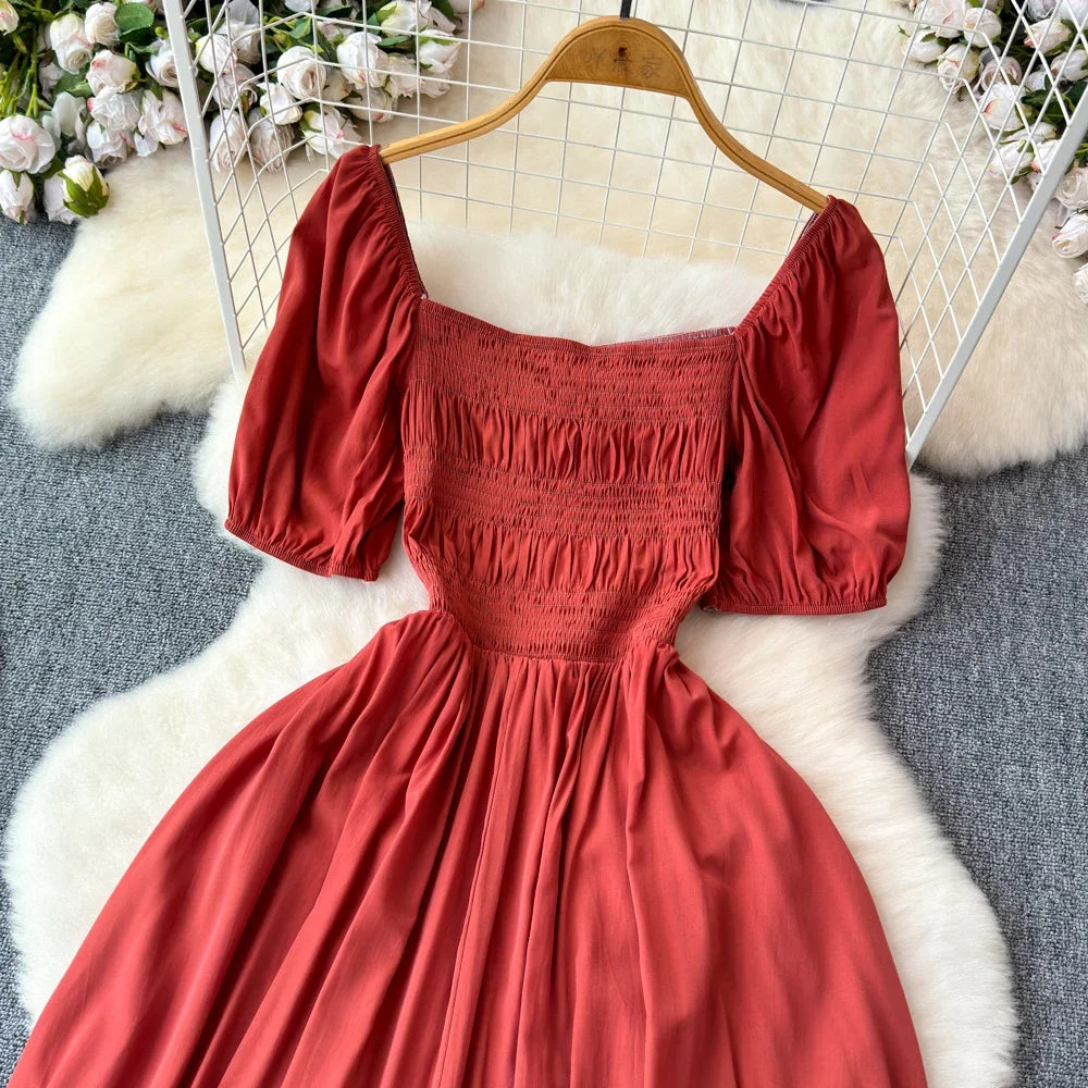 Babs Chic Elegant Square Collar Macy Dress Women Solid Short Puff Sleeve Dresses 2024 Korean Fashion Vintage Ruffle Vestidos