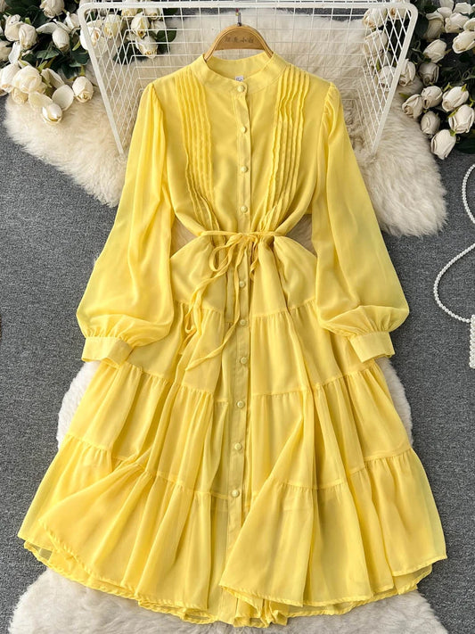 Maxy Spring Autumn Women Purple/Yellow/Blue Draped Chiffon Midi Dress Elegant Stand Collar Single Breasted Lantern Sleeve dress