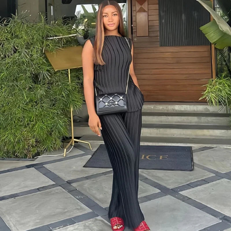 Maxy 2 Piece Sets Women Outfit Elegant Pleated Sleeveless Slim Top and Wide Leg Pants Set Chic Womens Clothing