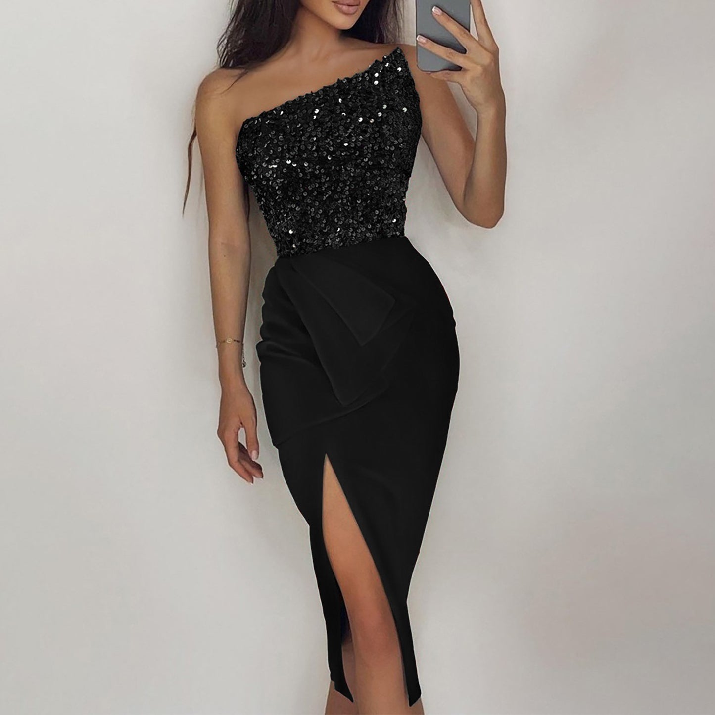 Macy Ladies Autumn Winter Sleeveless Stitching Glitter Sparkly Sequin Dress Cocktail Evening Party Dress.