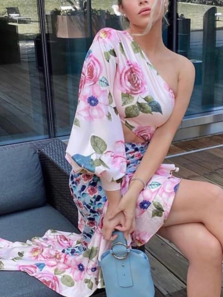 Maxy Floral Print Ruffle Skirt and Top Two Piece Set Elegant Women Summer Skirt Matching Suit Office Lady Chic Trumpet Skirt Outfits