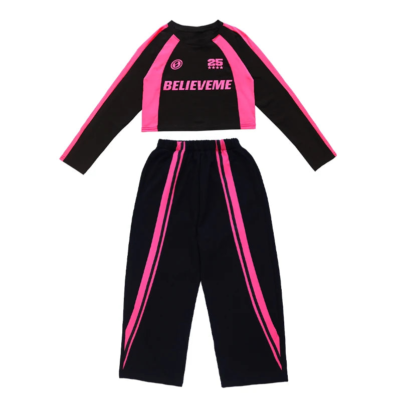 Maxy Hip Hop Dance Clothes Girls Crop Tops Sweatpants Boys Long Sleeves T Shirt Teen Kids Performance Costume Kpop Outfits BL12188