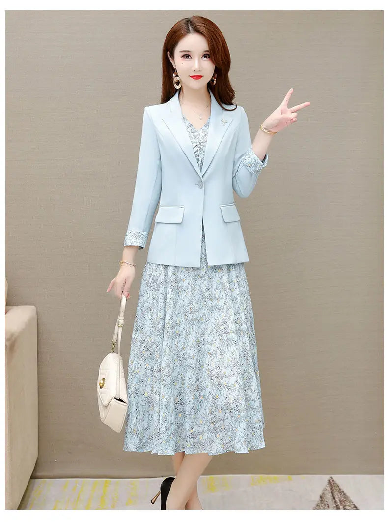 Maxy Women's Dress Set Spring Summer New Fashion Floral Suit Jacket+chiffon Skirt Two-piece Korean Casual Blazers Matching Sets