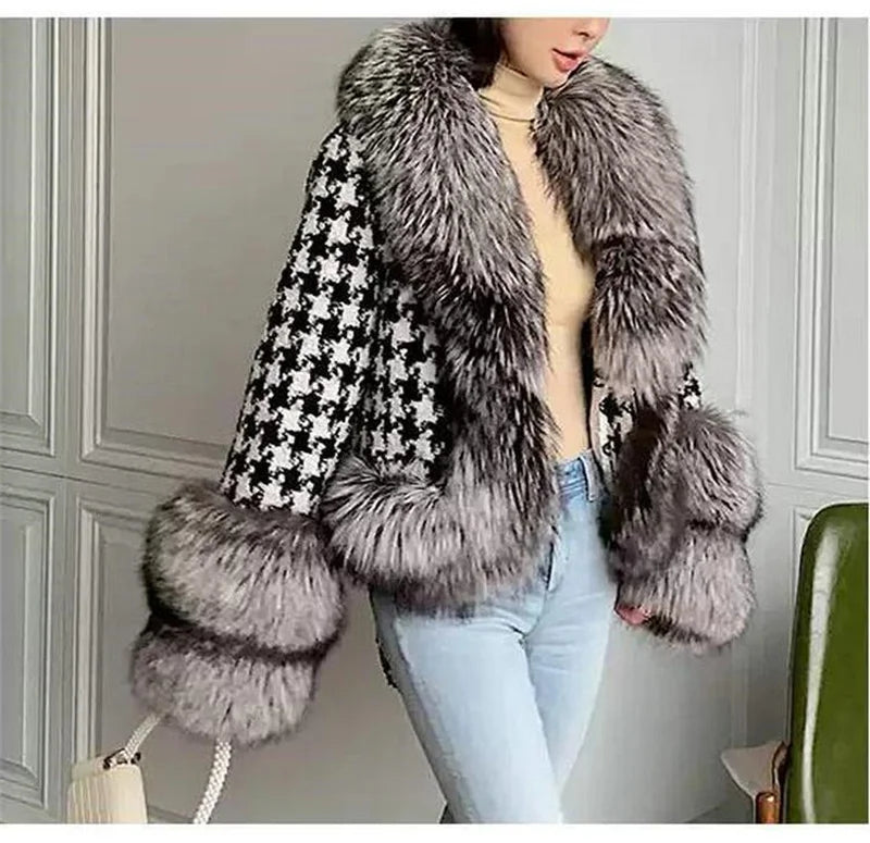 Babs Fox Fur Grass Coat Women Short Thousand Bird Grid Double Faced Fleece Collar 2024 Small Fragrant Style Imitation Fur Coat Female