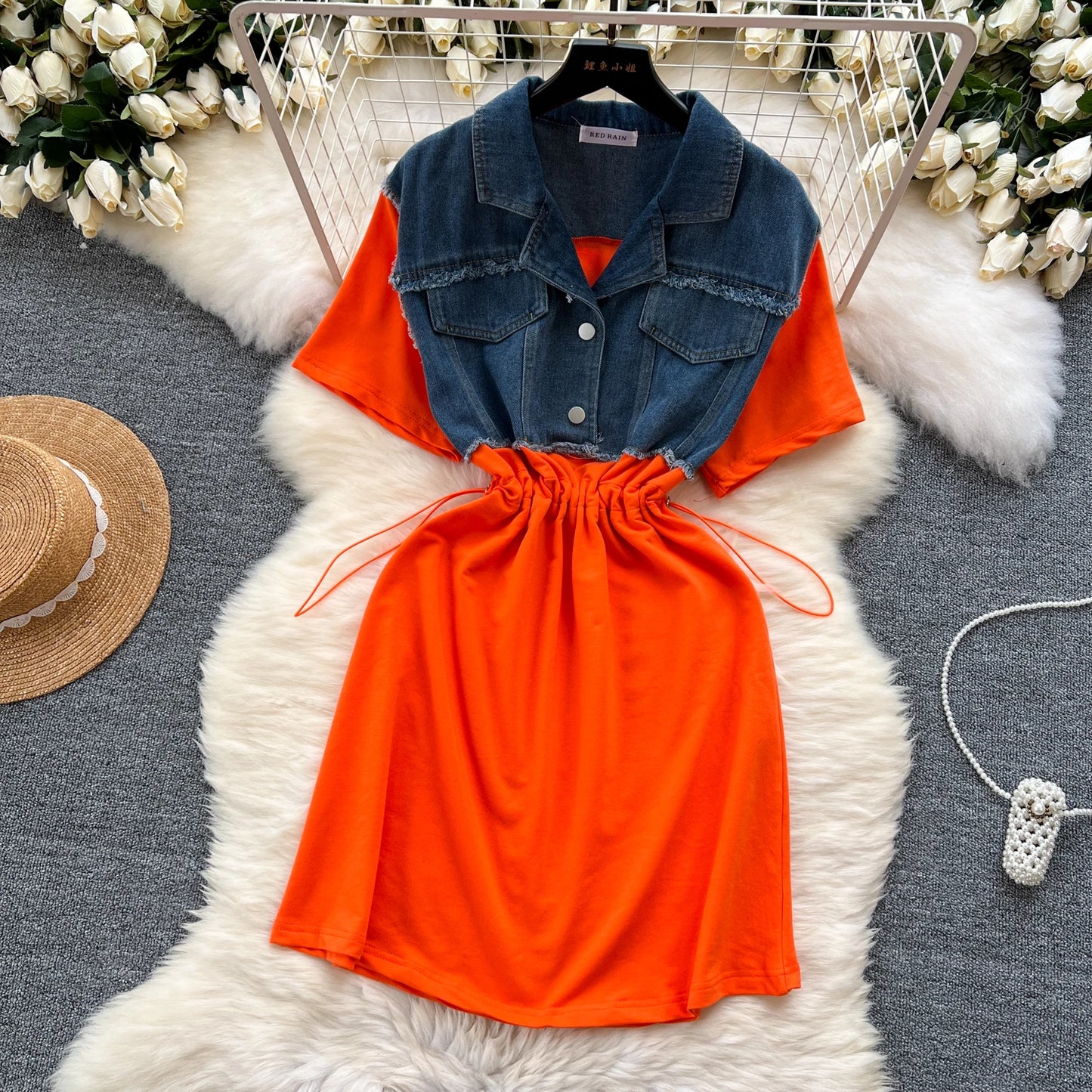 Women Casual Shirt Dress Korean Summer Short Sleeve Patchwork Denim Short Dresses Female Slim Drawstring High Waist Dress