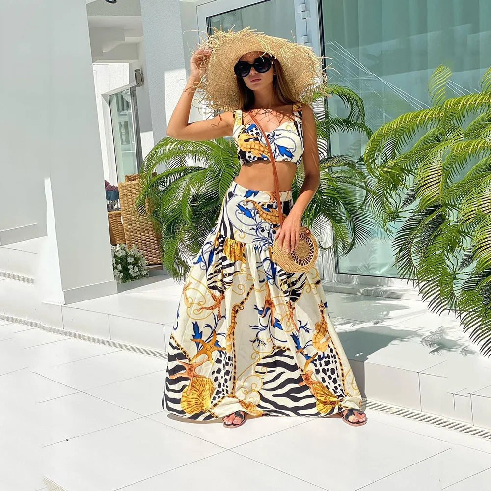 Babs Style Print Skirt Two Piece Set For Women Sexy Crop Camisole Casual Beach Holiday A-line Skirts 2 Piece Sets Female New