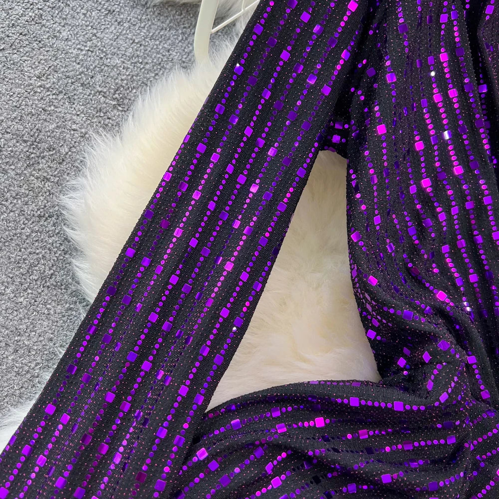 Babs Elegant Chic Y2K Women's Dress Long-sleeve V-neck Split Sequins Patchwork Hip Warp Dresses Autumn Winter