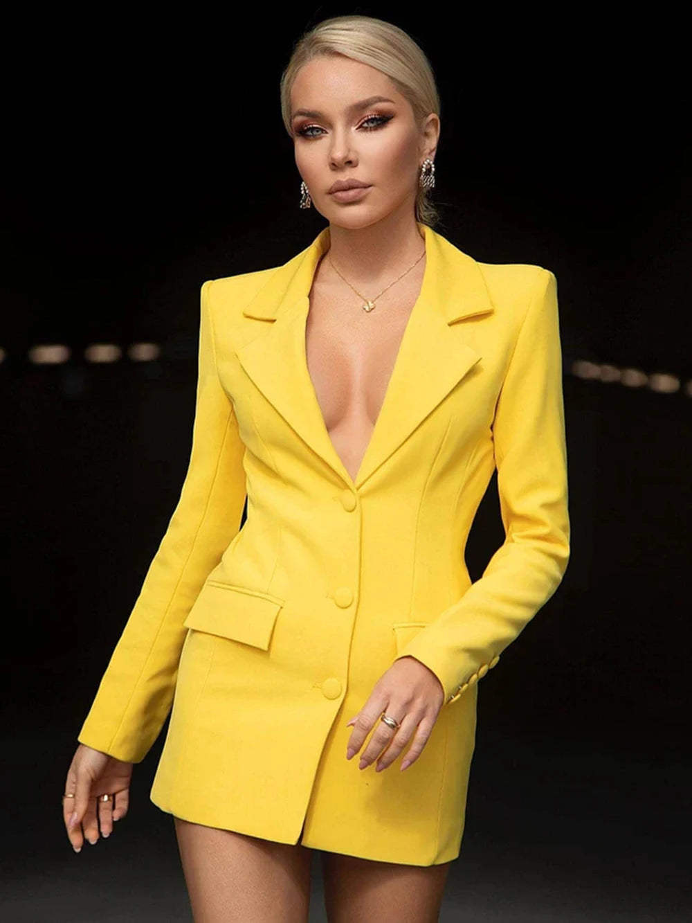 Maxy Fashion Yellow Sexy Diamond Backless design Blazers for Women Slim Long Jackets 2024 New Office Ladies Outerwear