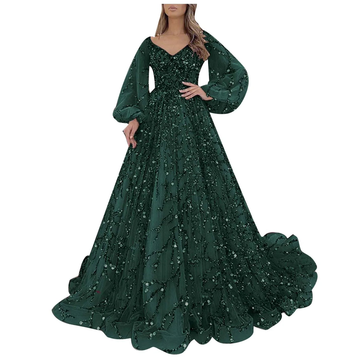 Zay Women's Elegant Cocktail Party Dress Sequins Mesh Evening Dress Long Lantern Sleeve V-Neck Floor Length Luxury Dresses