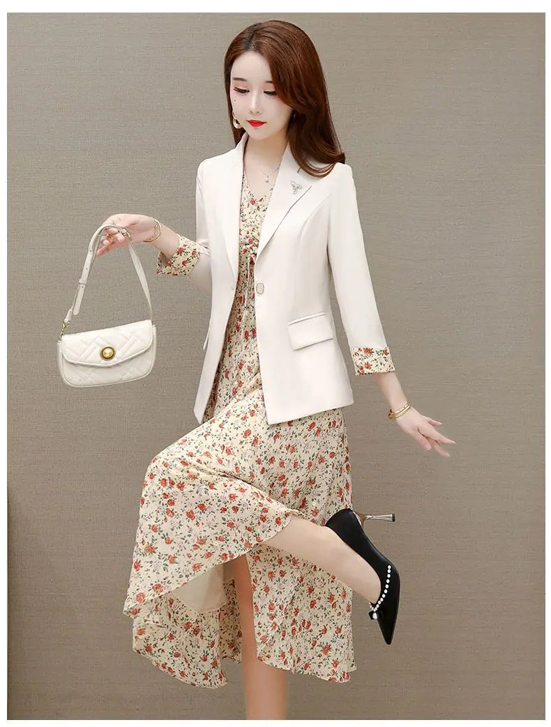 Maxy Women's Dress Set Spring Summer New Fashion Floral Suit Jacket+chiffon Skirt Two-piece Korean Casual Blazers Matching Sets