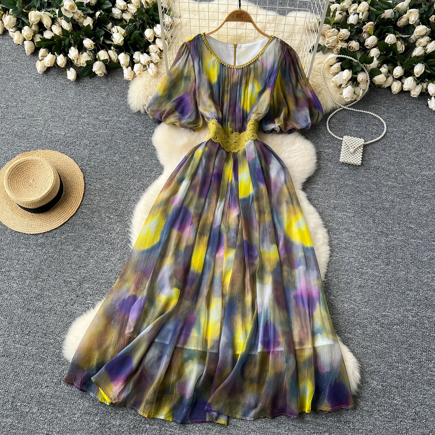 Maxy sweet tie dye Lantern Sleeve embroidery o neck chiffon Dress French Party Elegant Summer Sexy Slim Women dresses