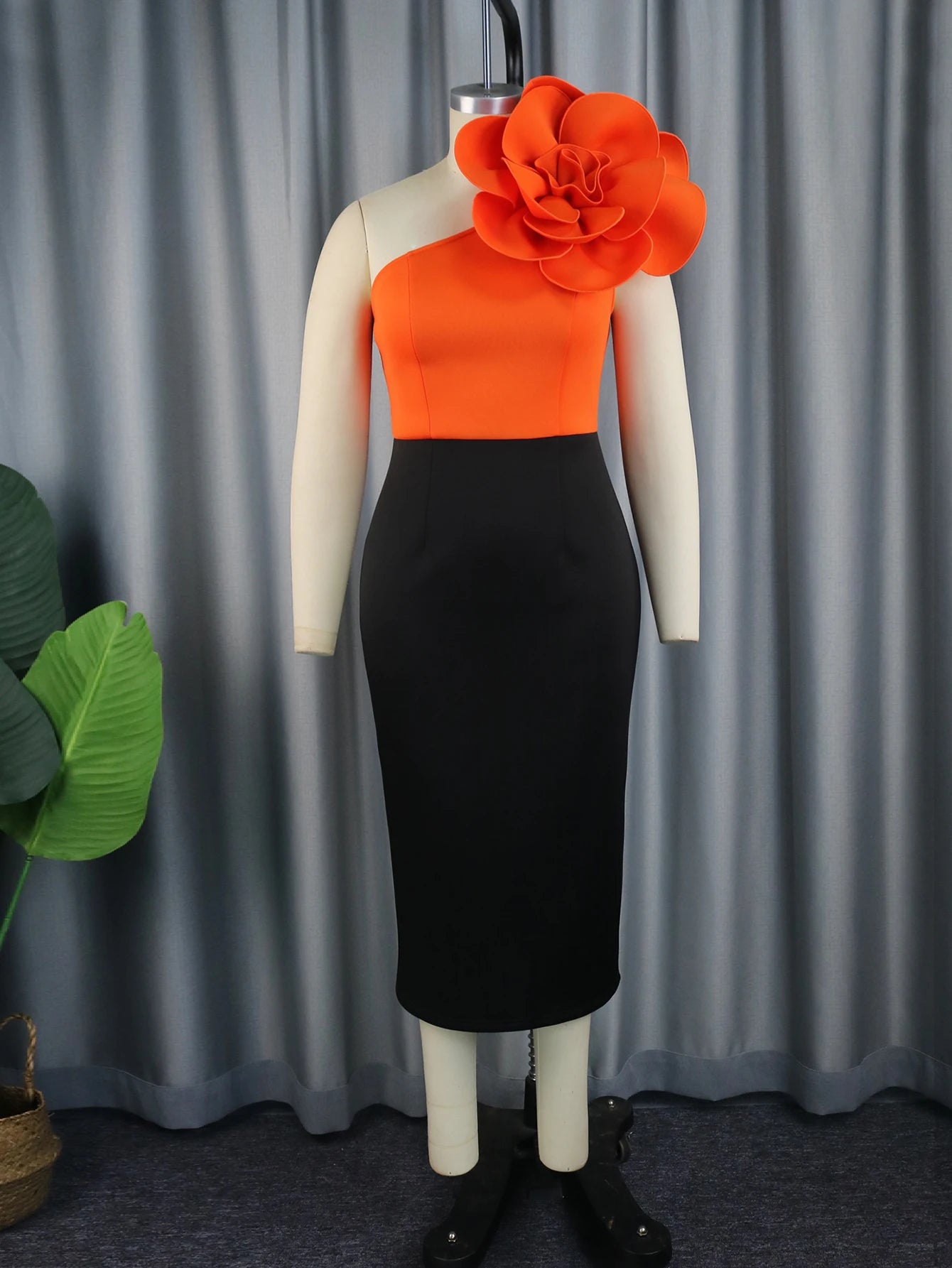 Babs One Shoulder Big Flowers Party Dress For Women Patchwork Color Block Evening Occasion Gowns Female Summer Night Date