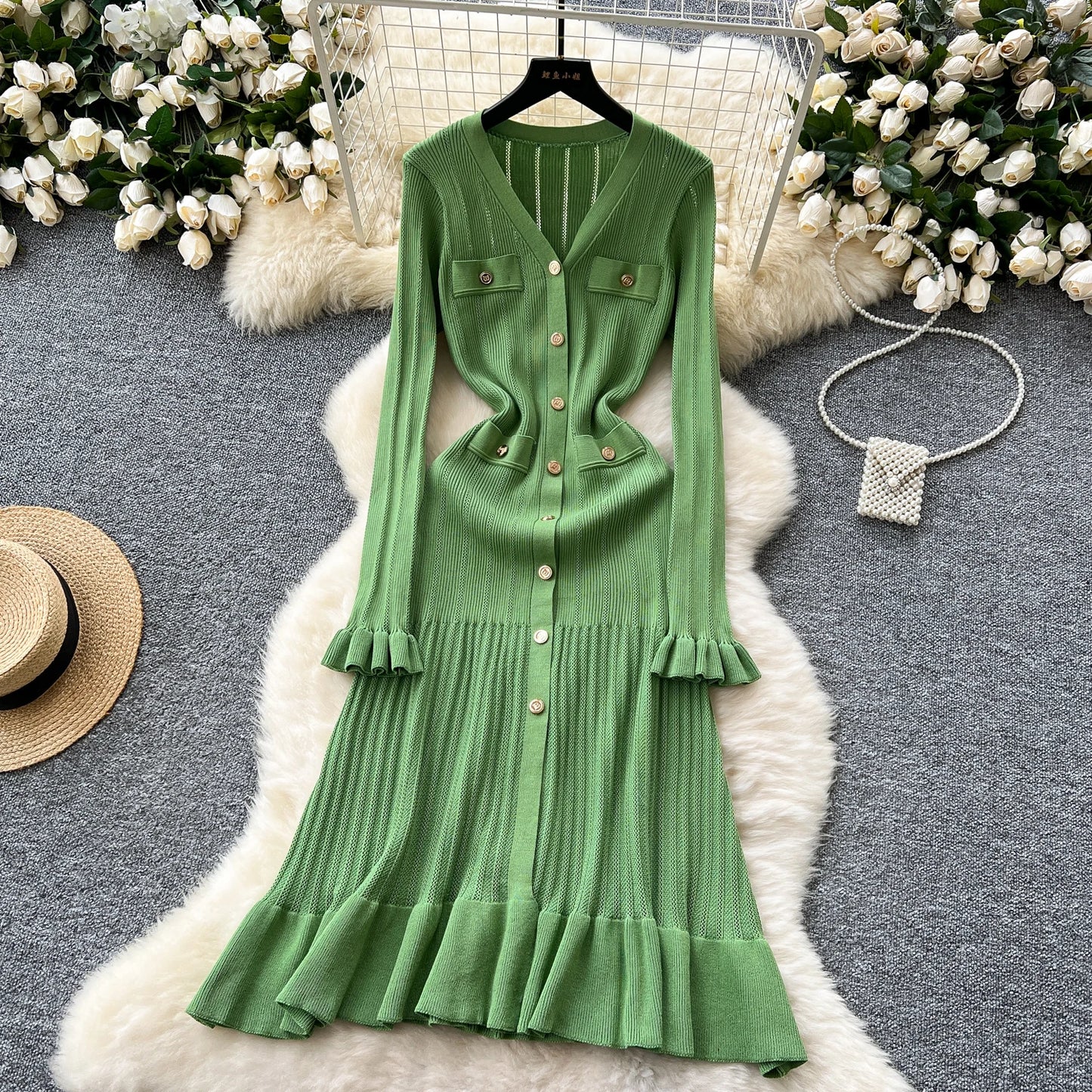 Babs Sexy Chic Long Sleeve V Neck Ruffle Knit Dress Elegant Fashion Party Single Breasted Slim Autumn Dresses