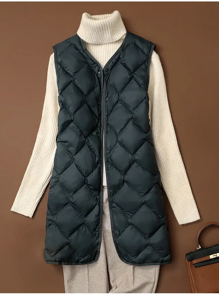 Maxy Plus Size Female Korean V-neck Casual Ultra-Light Vest Coat Autumn Winter Women X-Long White Duck Down Warm Sleeveless Jackets