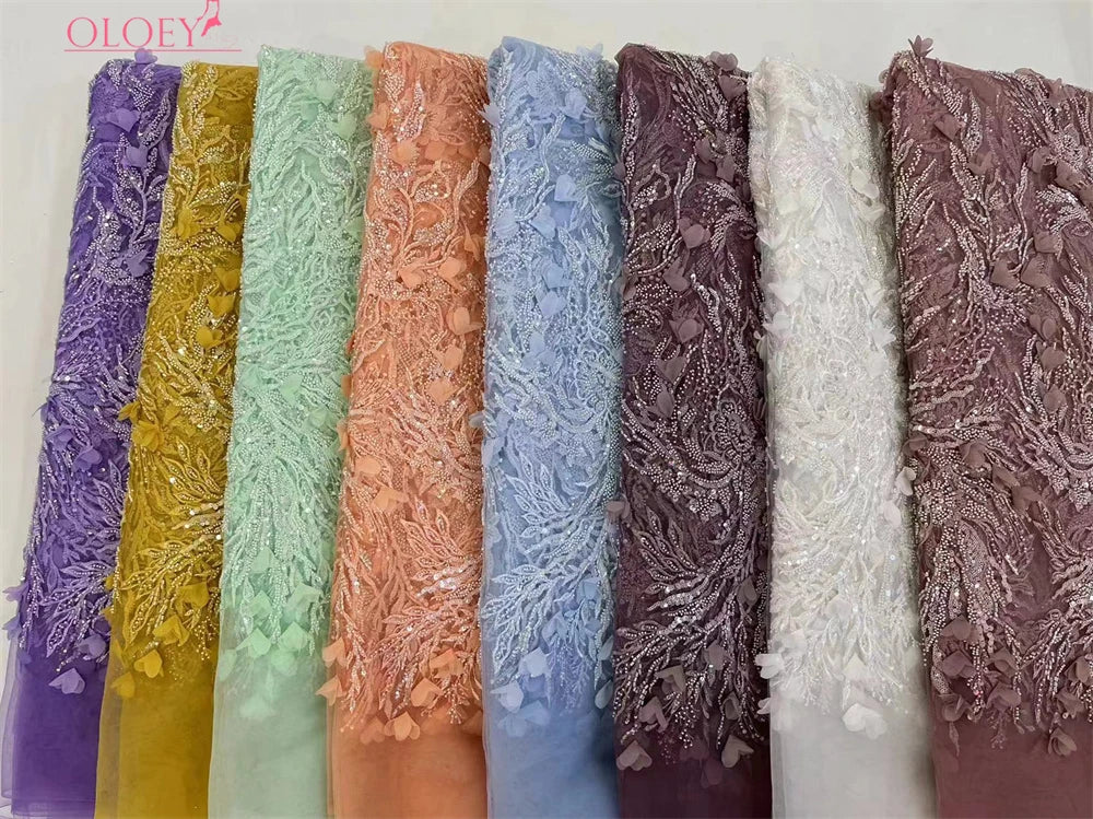 Macy Latest High Quality Elegant Embroidery 3D Flower Lace Fabric African Nigeria Beaded Fabric Wedding Dress