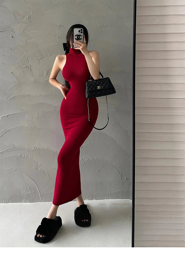 Maxy Red Fashion Sexy Turtleneck Midi Dress Women Party Club Ladies Bodycon Elastic Peach Hip Elegant Long Dresses for Woman