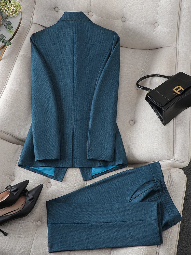 Maxy Gray Black Blue White Women's Pant Suit Long Sleeve Solid Ladies Blazer and Trouser Formal 2 Piece Set For Autumn Winter