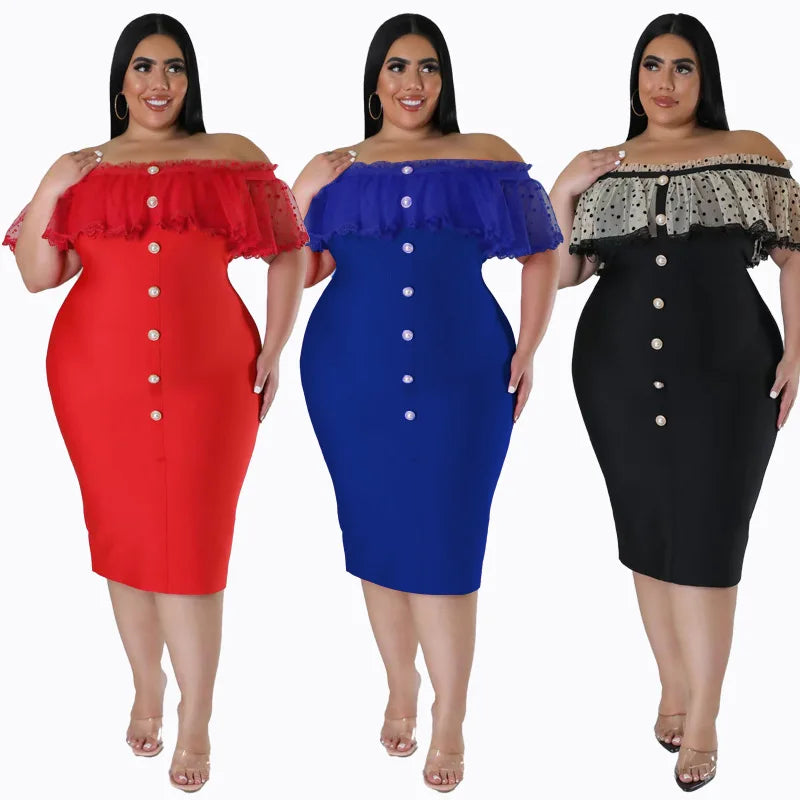 Maxy Plus Size Party Dress Women Clothing Solid Mesh Patchwork Off Shoulder Dress Fashion Outfits
