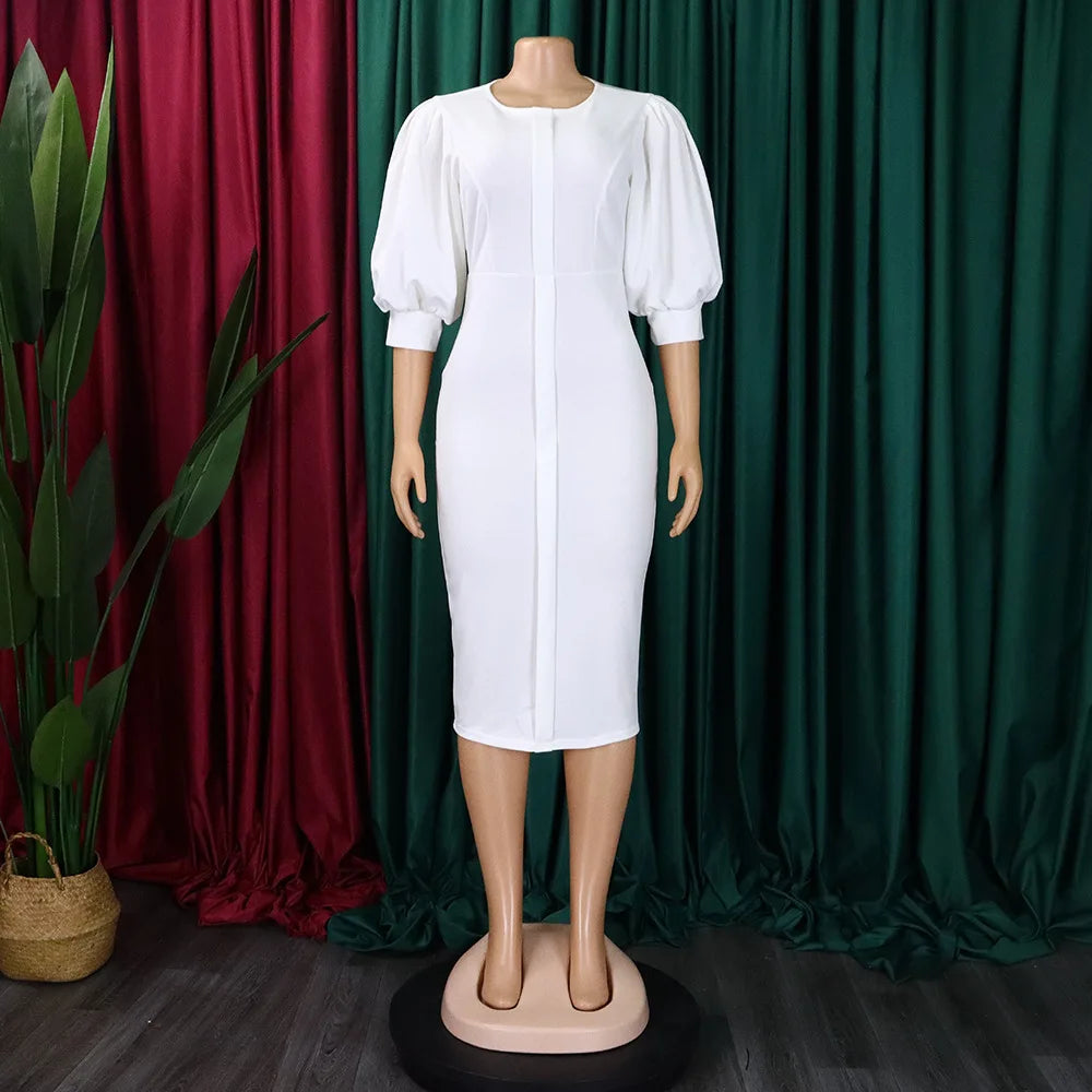 Babs Elegant Women Wear Office African Dress Summer Puff Sleeve Pencil Wrap Hip Midi Dress Africa Clothing White Robe Lady Party