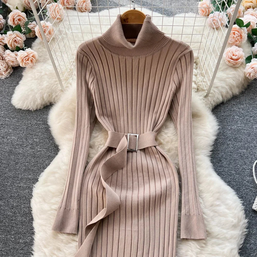 Babs Green Winter Turtleneck Sexy Women Dress Autumn Long Sleeve Skinny Macy  Bodycon Casual Sweater With Belt Party Club