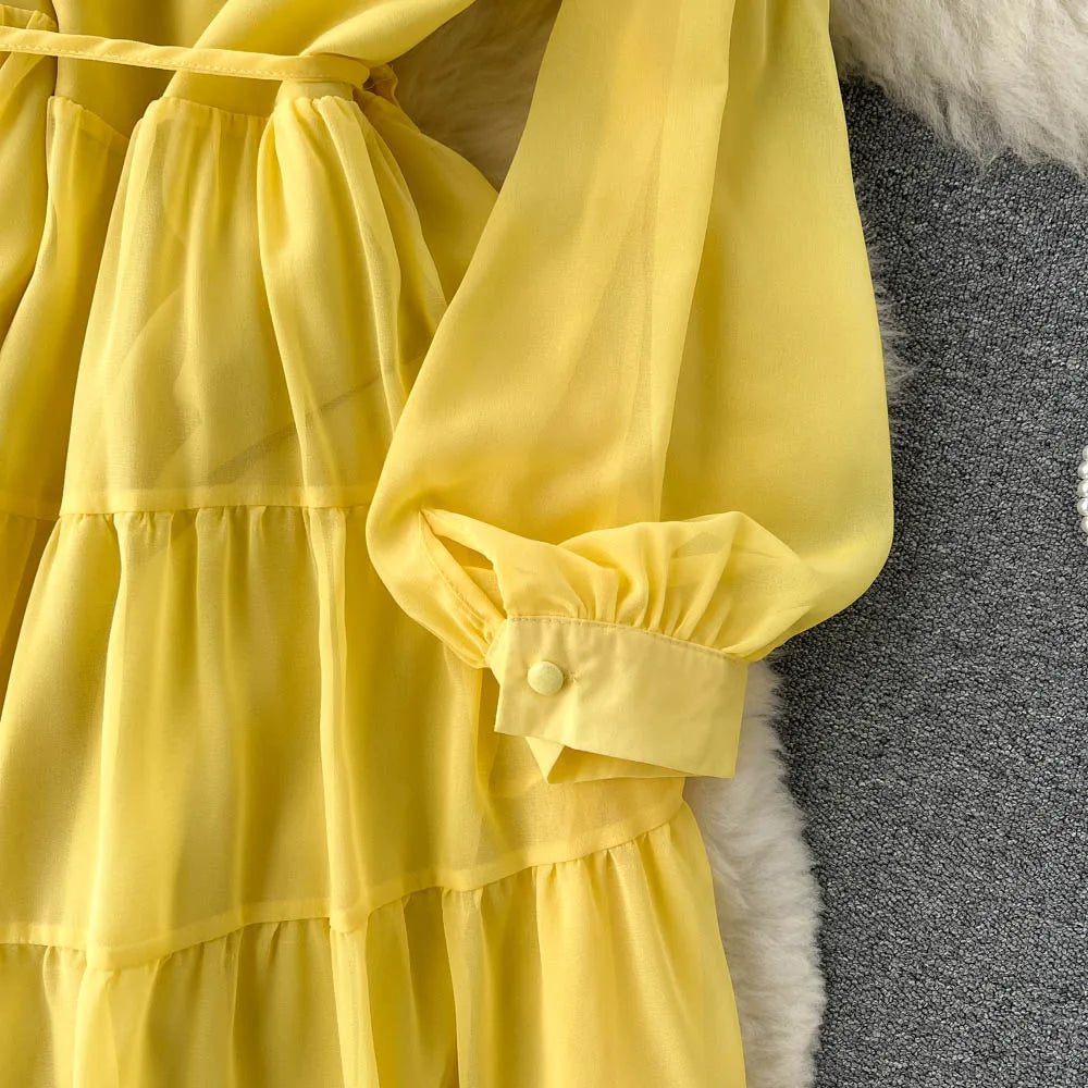 Maxy Spring Autumn Women Purple/Yellow/Blue Draped Chiffon Midi Dress Elegant Stand Collar Single Breasted Lantern Sleeve dress