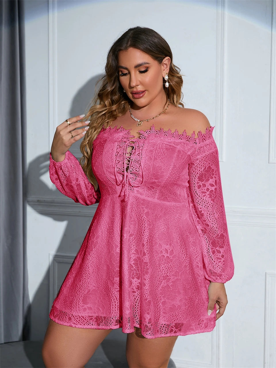 Macy Plus Size Dresses for Women Sexy Off Shoulder Lace Up A Line Mini Lace Dress Chic Elegant Woman Dress Long Sleeves 1102