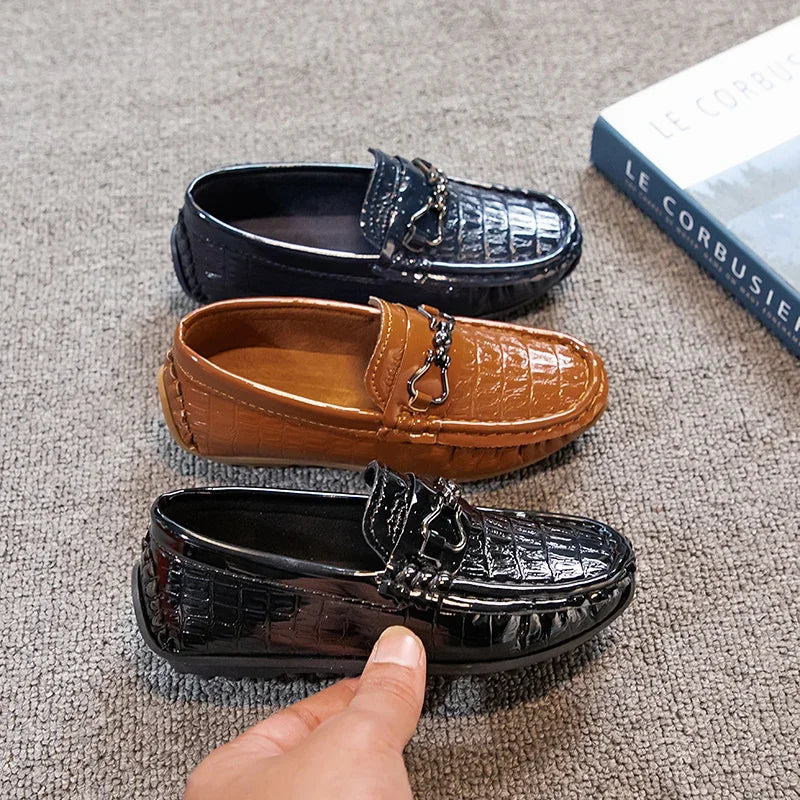 Visco Boys Leather Shoes Round-toe Flat Soft Kids Fashion Casual Loafers Glossy Metal Buckle Children Moccasins Non-slip Britain Style