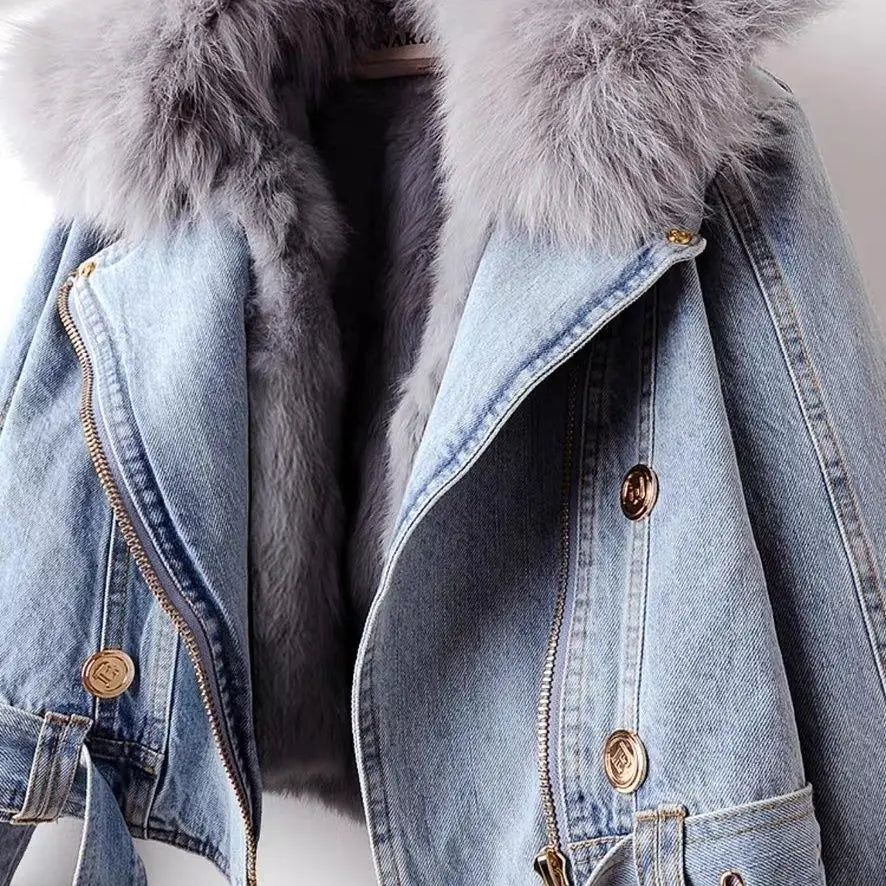 Maxy Short Thicken Denim Jacket For women Autumn Winter Detachable Imitation Fox fur Zipper Denim Coat Female Warm Parker Tops