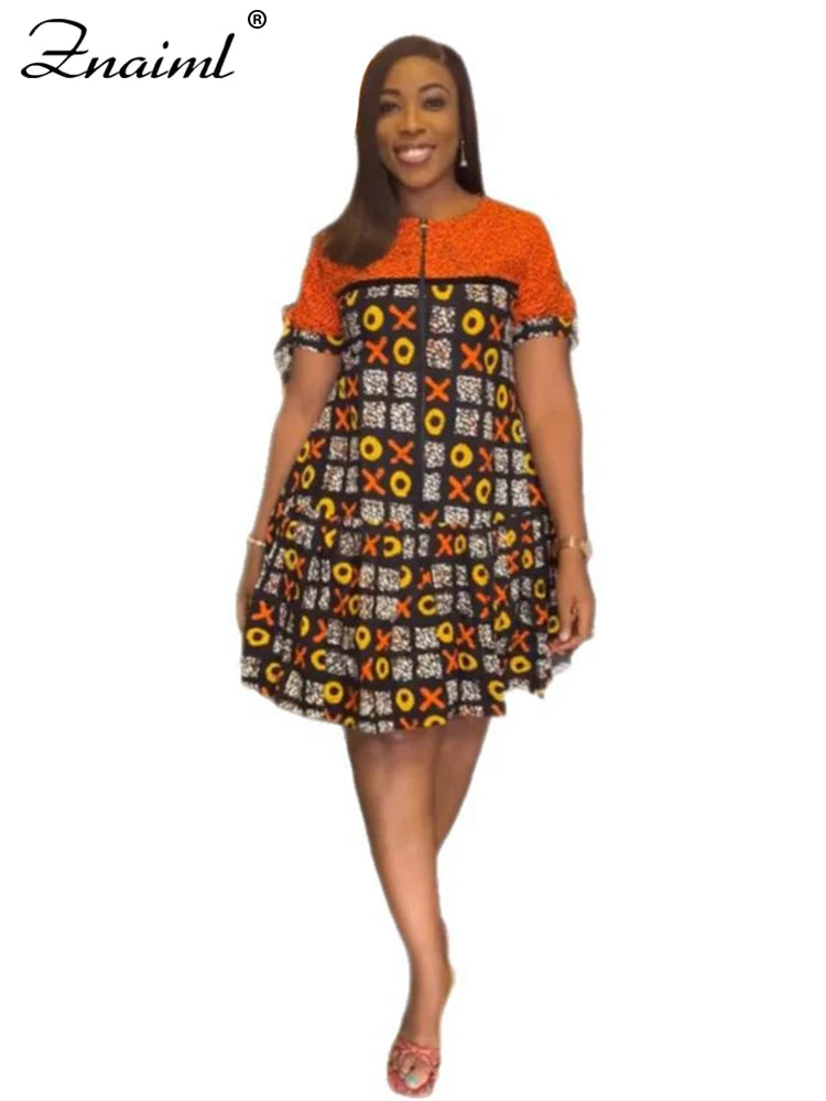 Maxy Elegant Indie Folk African Orange Mid Dresses Women A-line O-Neck Short Sleeve Loose Print Dashiki Ankara Birthday Festival Robe