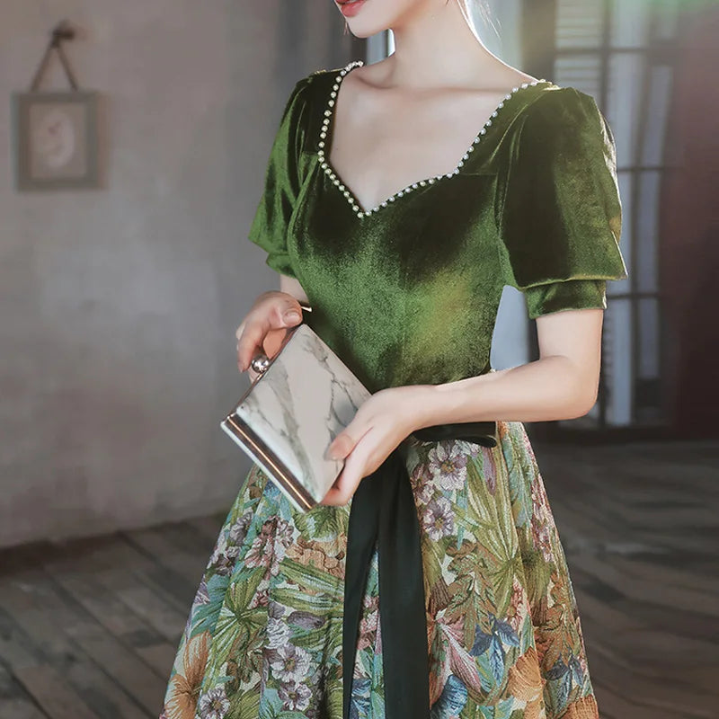 Macy Evening Dress Green Velvet Floral Square Collar Short Sleeves A-line Floor-length Plus size Women Party Formal Gown