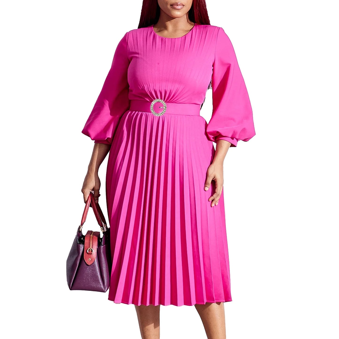 Maxy Elegant Dresses Woman Pleated O Neck Full Sleeve Belt Waisted Mid Calf Luxury Female Birthday Party Dinner Vestidos Mujer