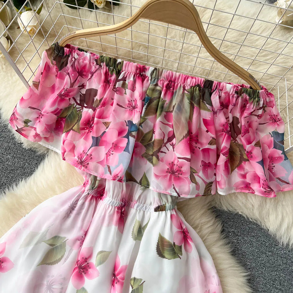 Summer Ruffle Off The Shoulder Chiffon Dress Women Sexy Slim A-line Printed Dresses Ladies Viantage Beach Split Maxi Dress