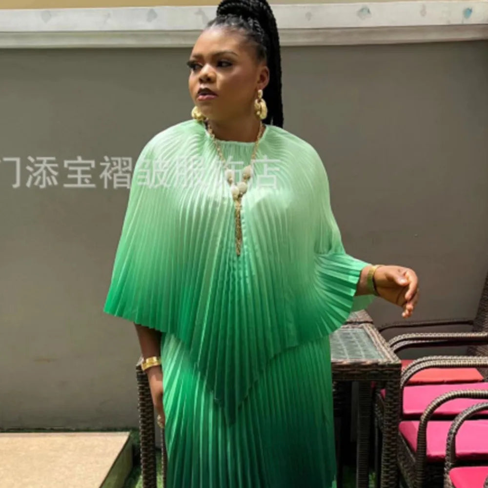 Amay Women's Dress Clothing New Gradient Sun Fold Splicing Irregular Stylish Pleated Large Women's Skirt 2 Piece Sets Women Outfit