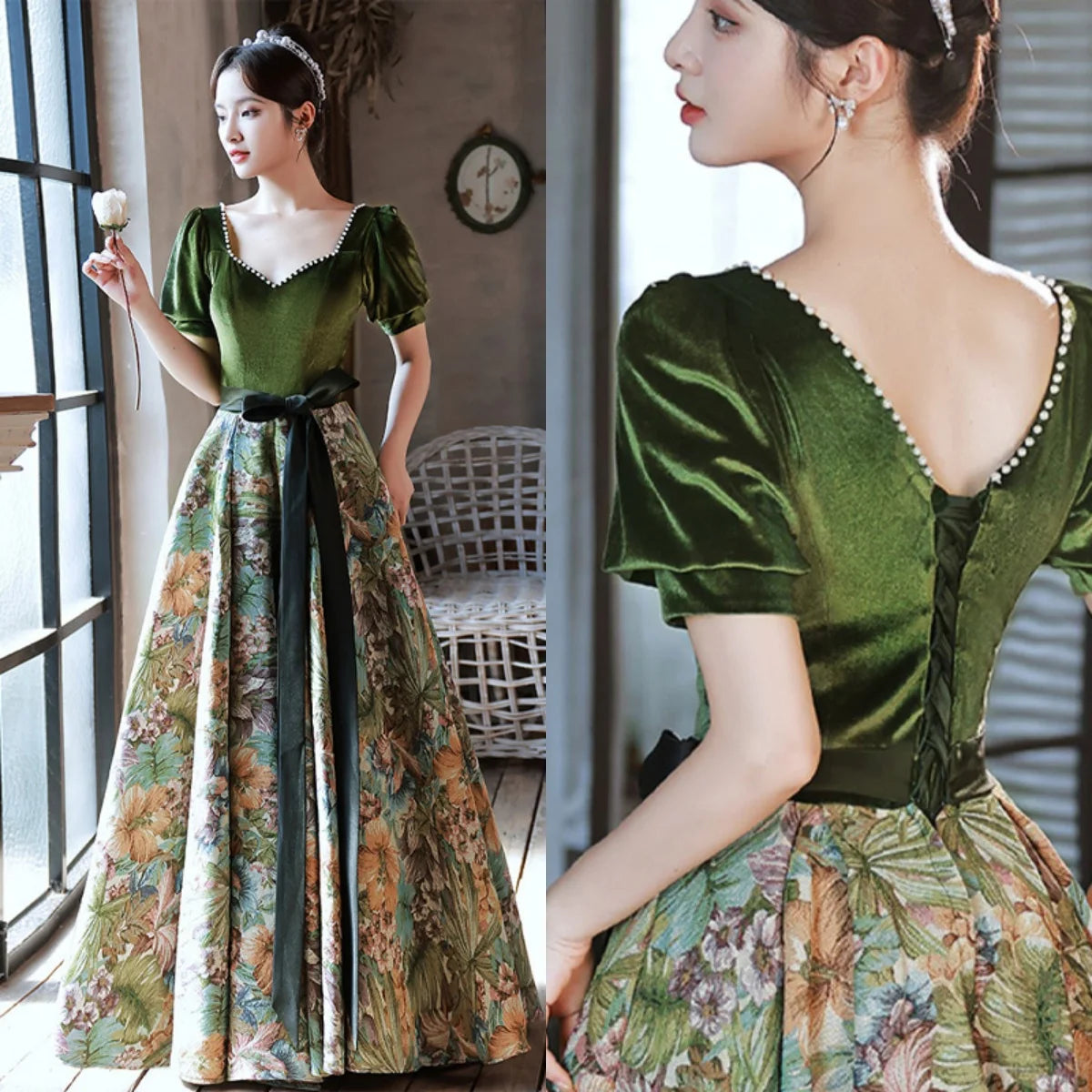 Macy Evening Dress Green Velvet Floral Square Collar Short Sleeves A-line Floor-length Plus size Women Party Formal Gown