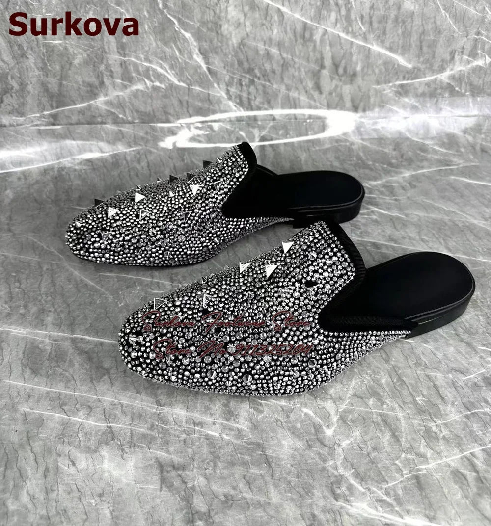 Maxy Surikova Men's Bling Silver Crystal Flat Slippers Metallic Rivets Loafers Slip-on Glittering Rhinestone Dress Shoes Mules