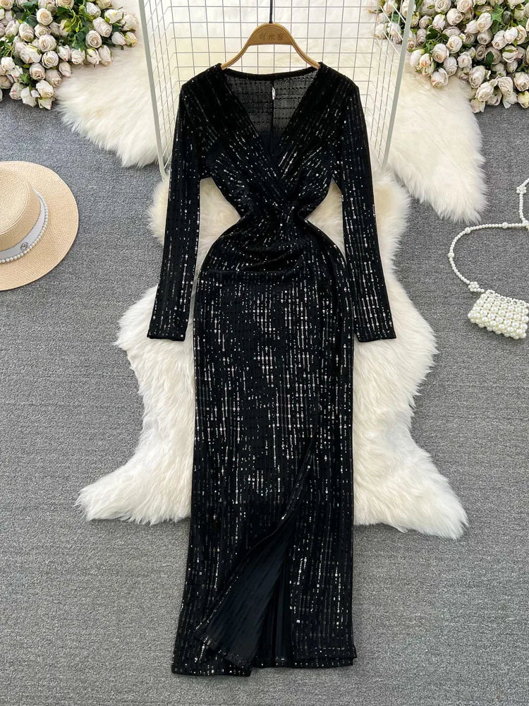 Babs Elegant Chic Y2K Women's Dress Long-sleeve V-neck Split Sequins Patchwork Hip Warp Dresses Autumn Winter