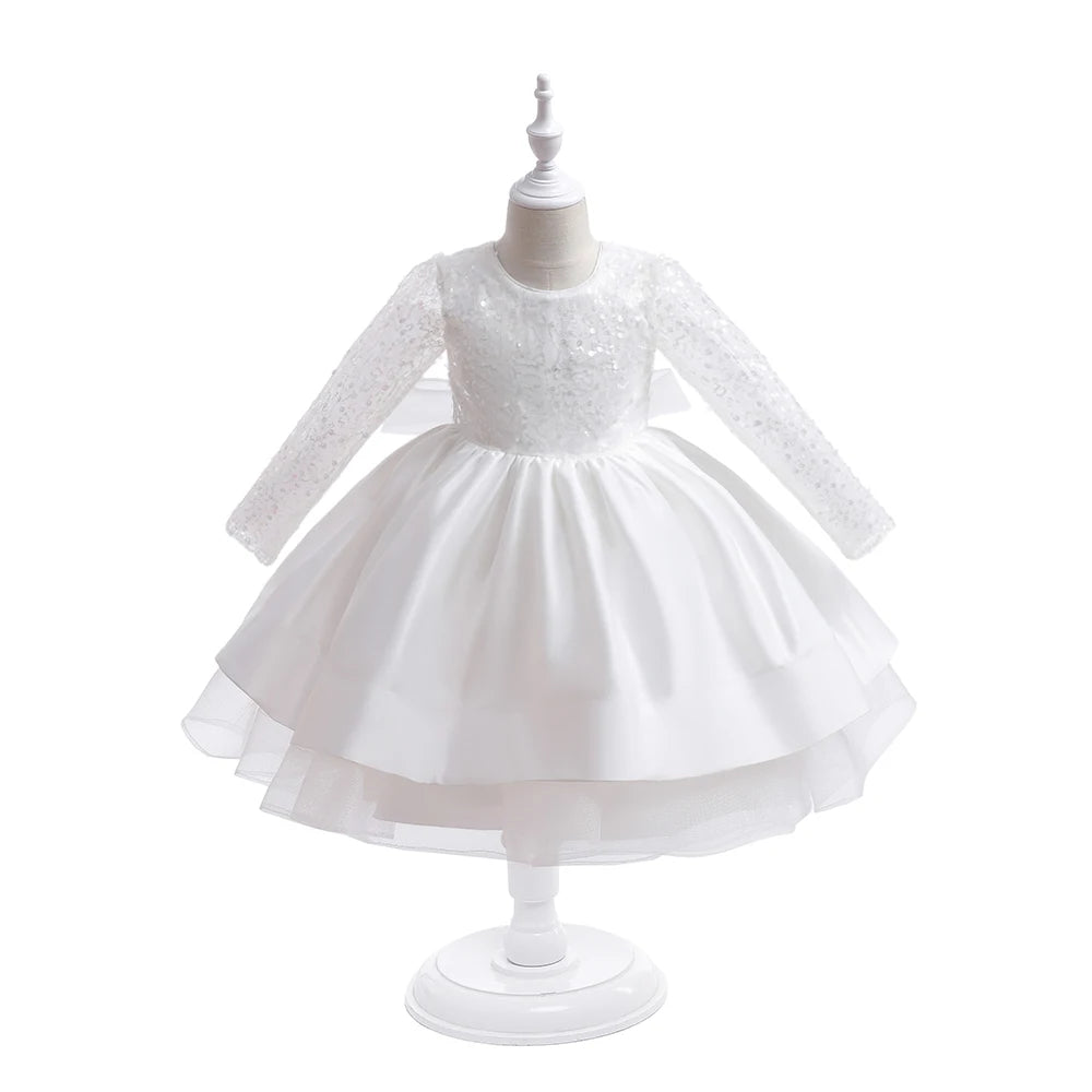 Maxy Princess Long Sleeve Sequin White Wedding Girls Party Dresses Formal Bow Birthday Princess Dress for Girl Baptism Bridesmaid Kids Clothes