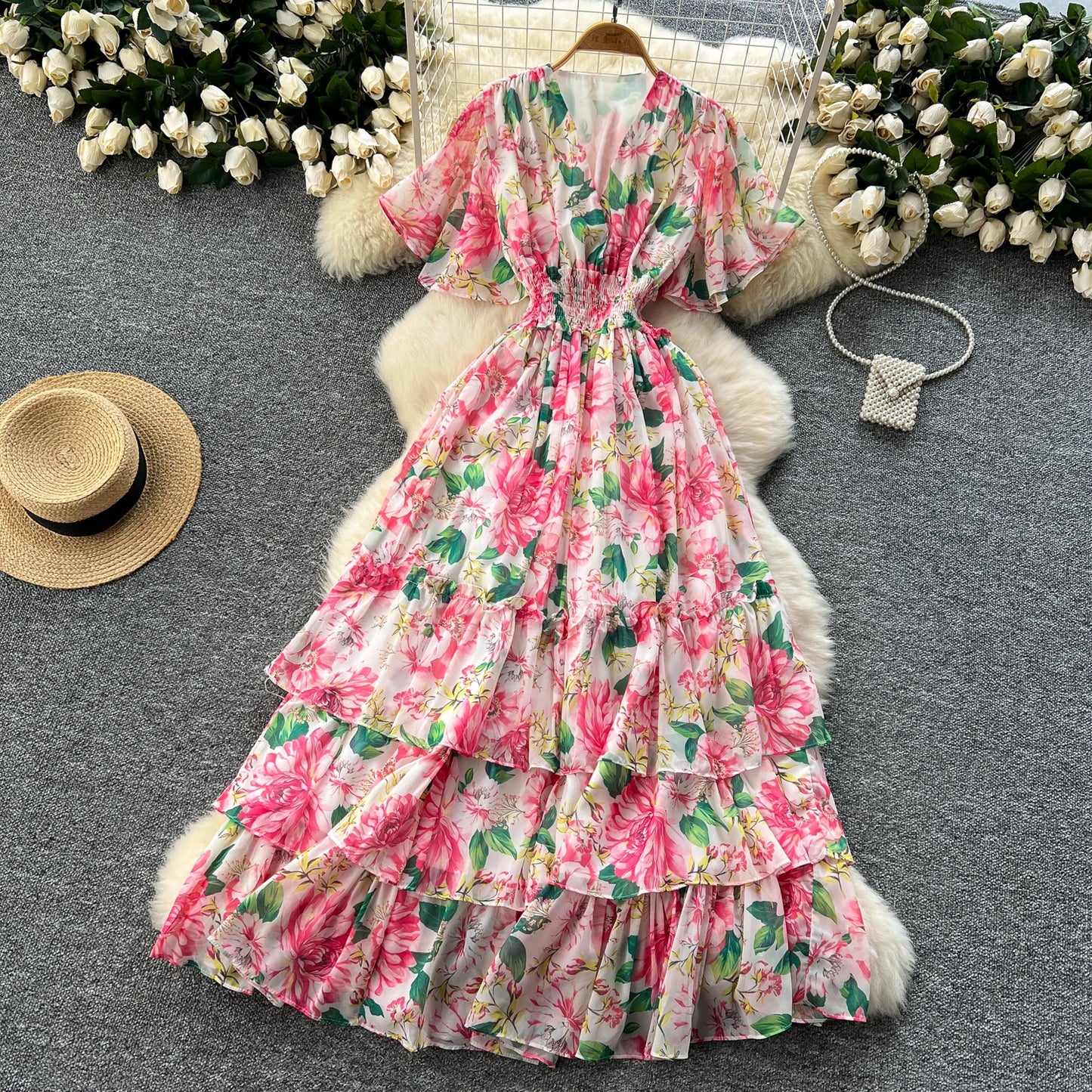 Maxy v neck Butterfly sleeve print elegant summer Dress A-line Flare Sleeve Vacation print Women dresses