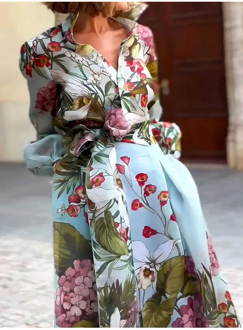 Maxy Spring Floral Print Women's Two Pieces Set Long Sleeve Shirts & High Waist Long Skirt Suits Female Chic Elegant Skirts Set