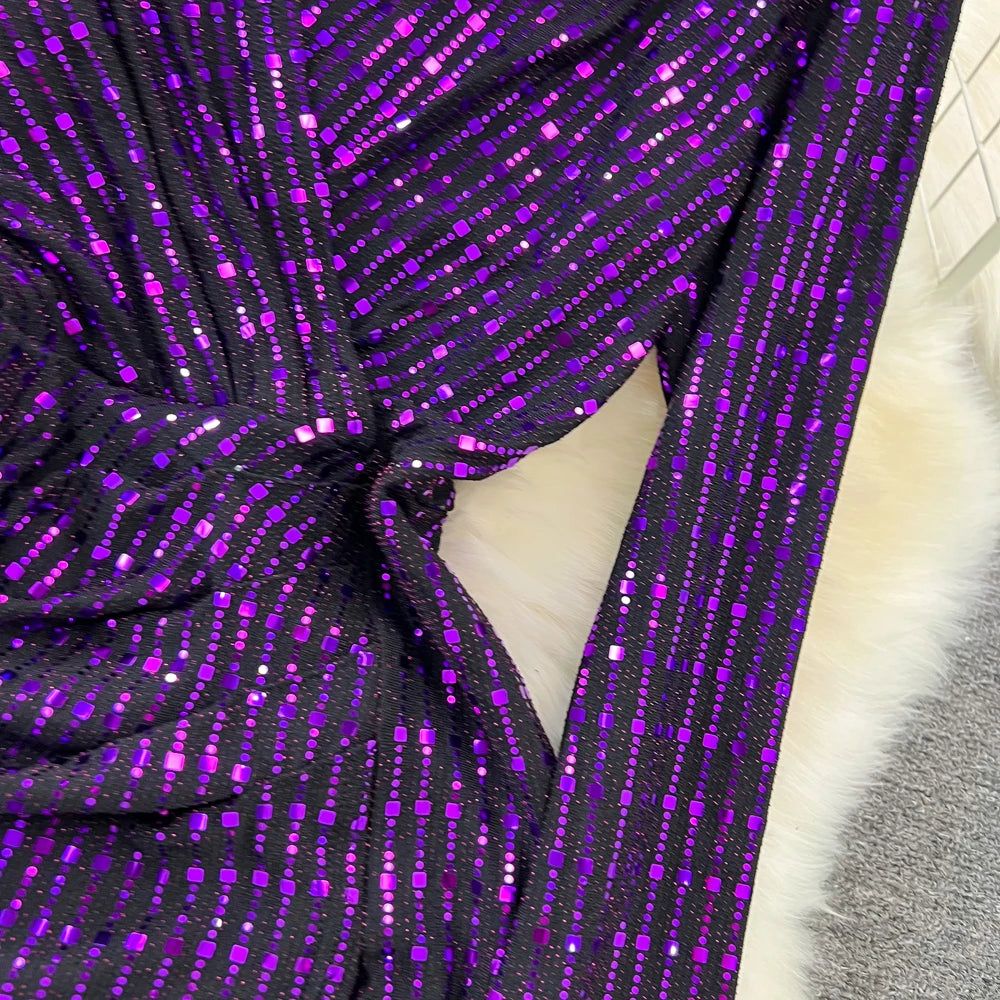 Babs Elegant Chic Y2K Women's Dress Long-sleeve V-neck Split Sequins Patchwork Hip Warp Dresses Autumn Winter