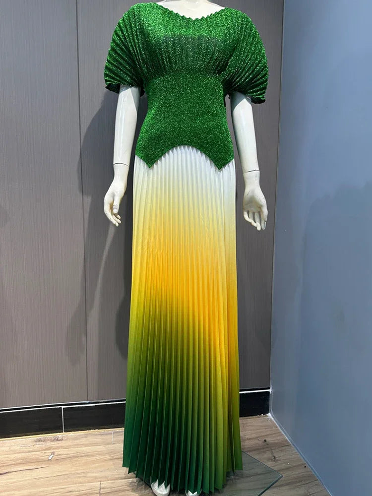 Maxy Pleated 2 Pieces Set Women Fashion V Neck Short Batwing Sleeves Irregular Hem T-shirt&New Gradient A-line Folds Long Skirt