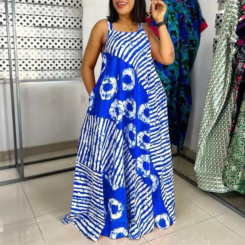 Maxy Plus Size 5XL VONDA Bohemian Printed Maxy Dress Summer Sleeveless Party Beach Sundress Tank Long Casual Loose Robe