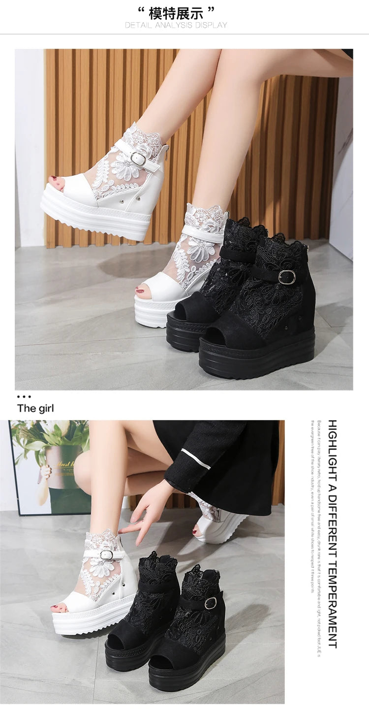 Summer Crystals Buckle Platform Sandals Women Cool ZIP Boots 10cm Wedges Heel Height Increasing Peep Toe Lace breathable Shoes