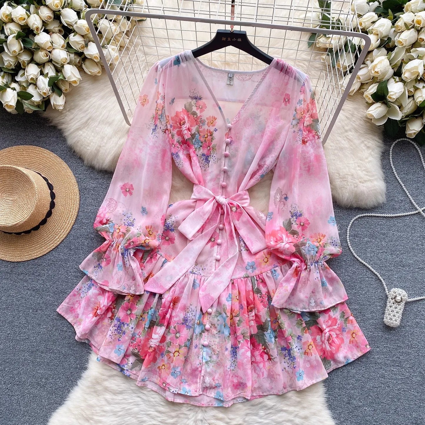 Maxy Spring Summer Gorgeous Flower Gracy Dress Women's V Neck Long Petal Sleeve Buttons Floral Print Lace Up Belt Mini dress