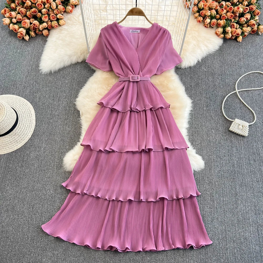 Babs Summer Beach Long Dress Women Elegant V-Neck Short Sleeve Cascading Ruffles Big Swing Female Red/Green/Pink Maxy Robe