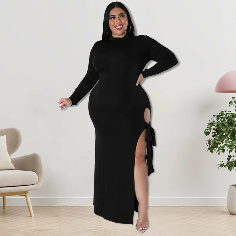 Maxy Plus Size Fall Clothing Women Long Sleeve Fashion High Slit Split Sexy Hollow Out Long Maxy Dress
