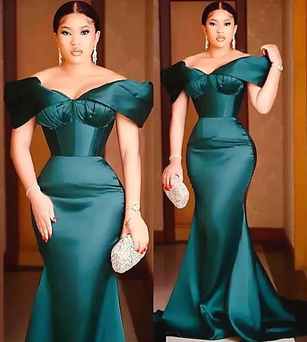 Dark Green Babs Evening Dresses Off Shoulder Satin Ruffled Long Robe Femme African Plus Size Pleated Formal Party Prom Gowns