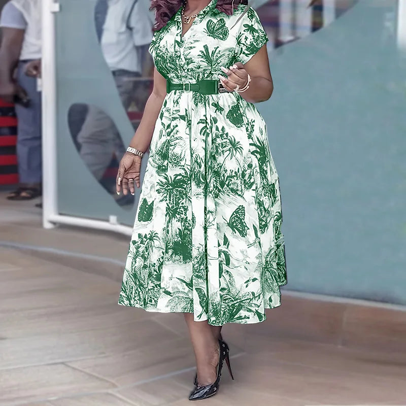 Amay Women Elegant Printed Party Dress Turn Down Collar Short Sleeve Pleated A-Line With Belt African Office Work Wear Plus Size 5XL