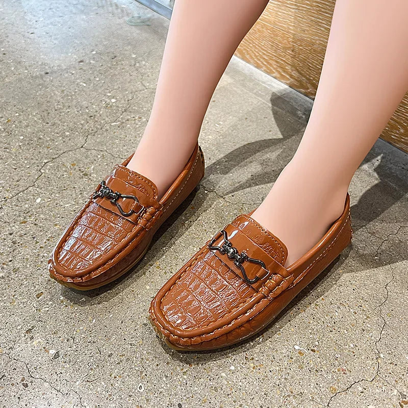 Visco Boys Leather Shoes Round-toe Flat Soft Kids Fashion Casual Loafers Glossy Metal Buckle Children Moccasins Non-slip Britain Style
